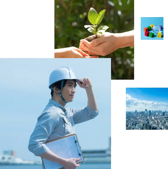 ヘルメットを被った男性と街の写真